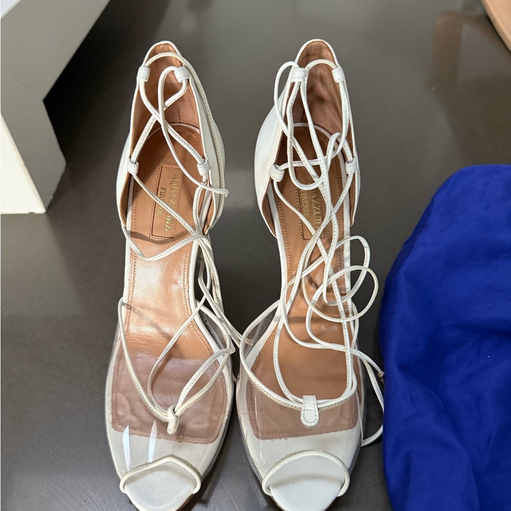 Aquazzura White Lace-Up Heels one time used
